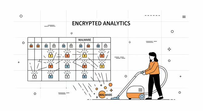 Woman cleaning malware from encrypted analytics grid for cyber data security and safety protection