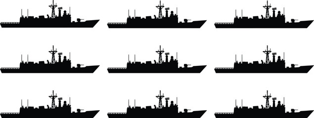 Warship silhouette vector illustration set, military navy battle ship icons isolated on white background © VectoStudio