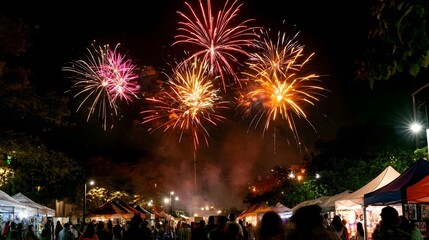 Obraz premium Luminous art fair spectacle featuring vibrant fireworks bursting and seamlessly blended tones creating a dynamic and radiant atmosphere