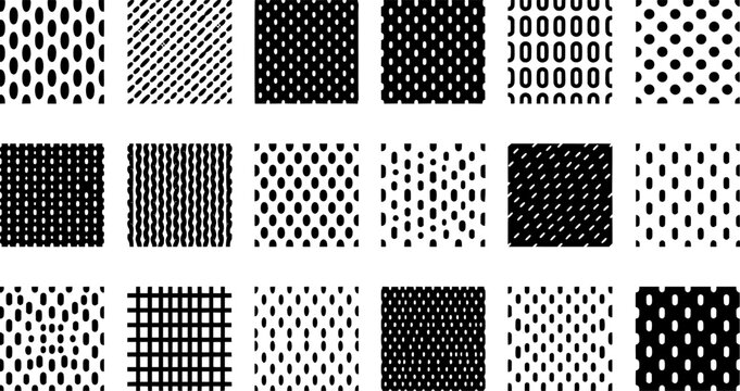 Black and White Abstract Dash Pattern Vector Set, Modern Polka Dot Texture Collection, Minimal Geometric Surface Patterns and Graphic Background Elements