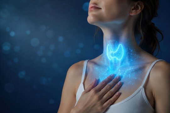 Woman touching her neck with glowing thyroid gland illustration. Thyroid health, endocrine system, hormonal balance, thyroid disease awareness, healthcare and medical diagnosis concept
