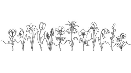Naklejka premium Continuous line drawing of spring garden flowers border.