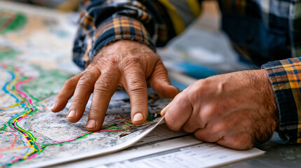 Fototapeta premium Close-up of weathered hands unfolding large-format oversize cargo routing map across steel planning table, route highlighter marks visible, permit application forms layered underneath, logistics spe
