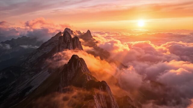 Majestic mountain peaks above clouds at sunrise, dramatic aerial landscape, golden sunlight over misty ridges, breathtaking nature scenery, cinematic 4k footage