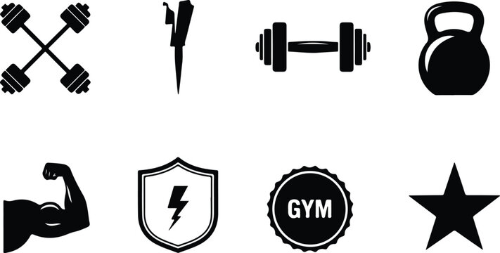 Set of black and white gym and fitness icons featuring weights dumbbells kettlebell flexing arm and energy symbols isolated on transparent background