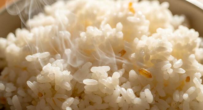 Steaming hot cooked white rice grains with visible vapor rising close-up macro shot