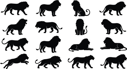 Lion silhouette vector illustration set, wild animal predatory cats graphics, isolated safari predator design elements © VectoStudio