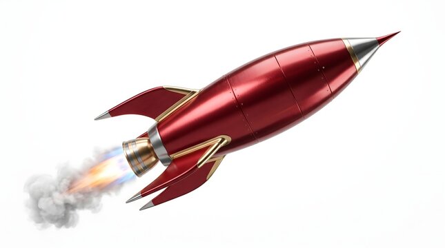 Retro red rocket ship launching with fire and smoke on white background