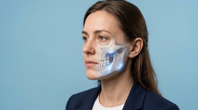 Businesswoman examines a digital skeletal jaw structure superimposed over her face to emphasize dental health standards and modern maxillofacial surgical planning within a corporate healthcare.