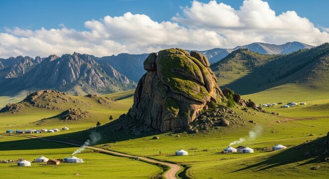 Vast Mongolian Landscape with Ger Settlements and Dramatic Rock Formation.