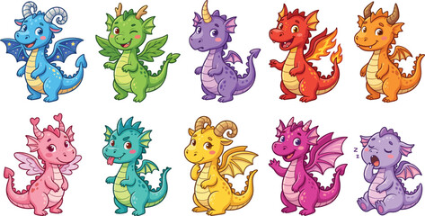 Obraz premium Cute cartoon baby dragons vector character set with colorful mythical fantasy creatures