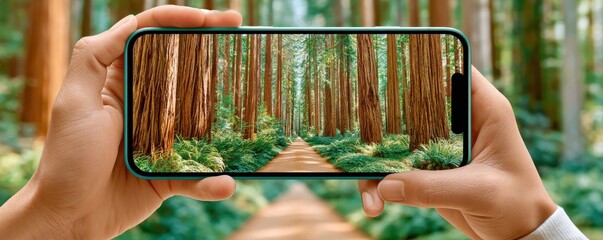 Obraz premium Hands holding smartphone framing a redwood forest trail on a phone screen for nature photography