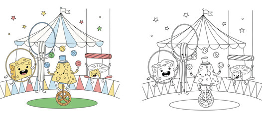 Circus cartoon cheese characters coloring page and colored illustration vector, cute cheese slice on unicycle juggling, cheese stick, hula hoop, and trapeze in carnival tent. © MSTA