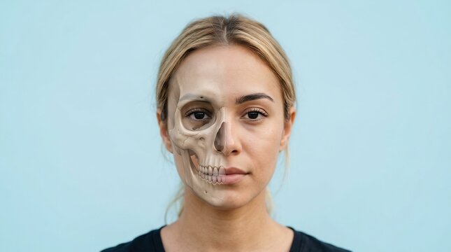 Woman presents a split image with half of her face depicted as a human skull to demonstrate anatomical depth and biological study for clinical or medical presentations.