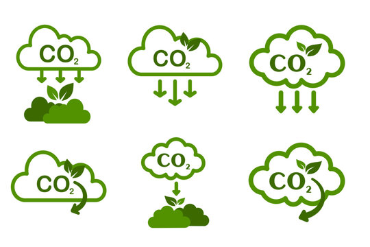 Green CO2 Cloud Icons, Carbon Absorption Symbols, Eco Environment Vector. Sustainability Illustration.