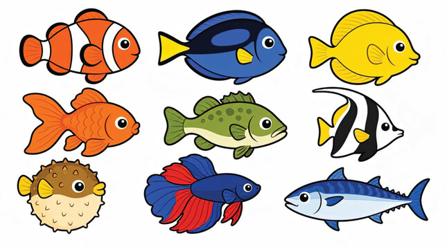 Colorful cartoon fish illustrations swimming together.