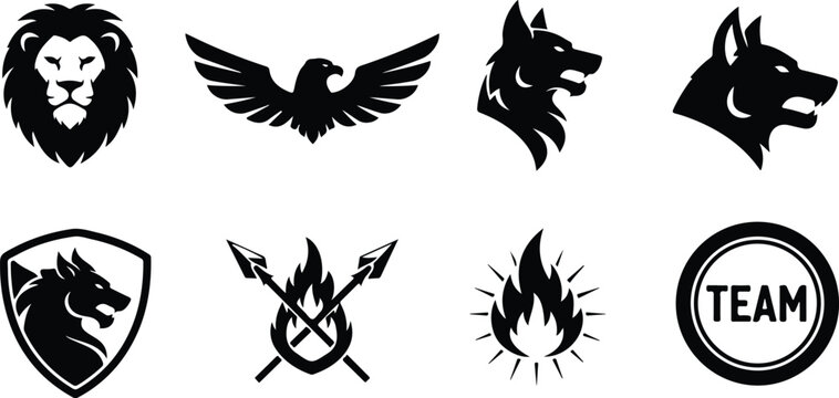 Set of eight stylized animal and team logo icons featuring lion head shield emblem wolf eagle fire flame symbols isolated designs