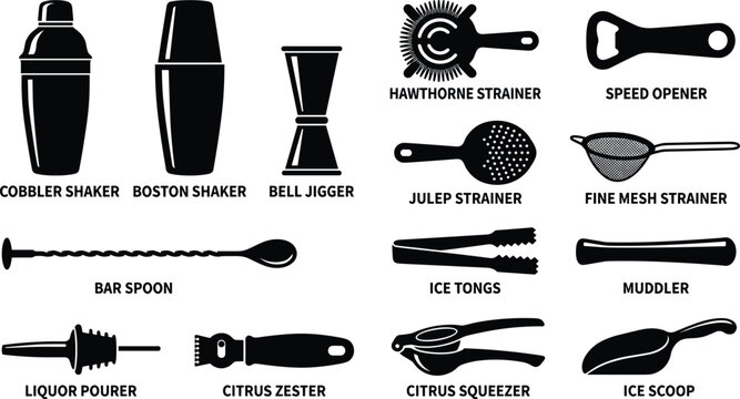 Professional Bartending Barware Icon Set Featuring Shaker Jigger Strainer Spoon Muddler Opener Pourer and Squeezer Silhouettes Isolated on White Background