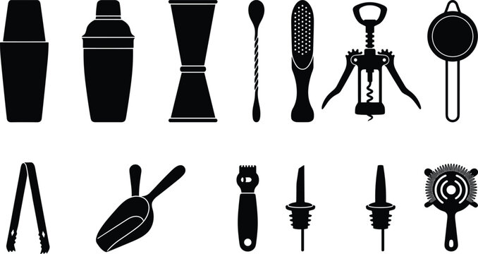 Professional Bartender Cocktail Shaker and Bar Tool Silhouette Icon Set Featuring Jigger Corkscrew Strainer Tongs and Pourers Isolated on White