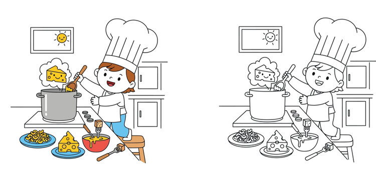 Cute cartoon little boy chef cooking delicious cheese macaroni in the kitchen, coloring page with colored sample and outline vector illustration for kids education