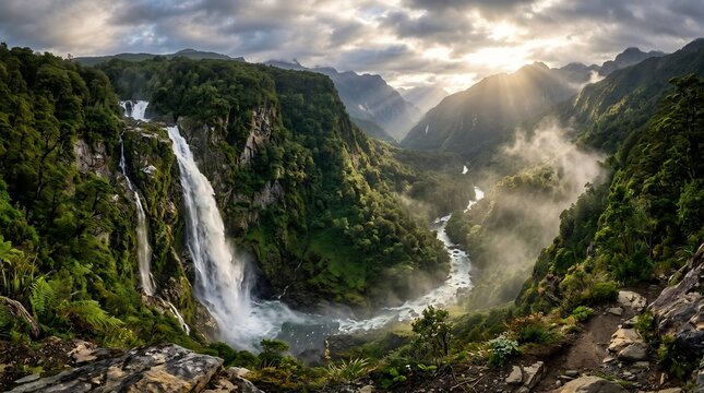 Waterfall cascades down a steep mountain cliff into a rushing river valley at sunset, creating a serene and vast landscape scene that captures the powerful beauty of wild nature and Earth geography.