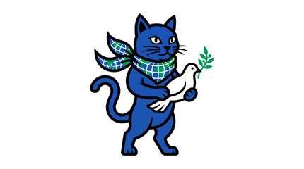 Obraz premium Blue cat wearing globe scarf holding white dove of peace