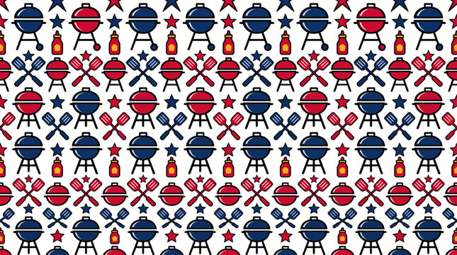 Patriotic summer barbecue seamless pattern with grills and spatulas