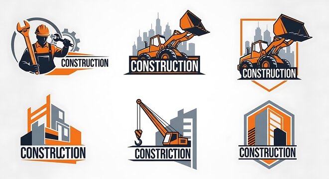 Collection of construction company logos with building machinery and tools