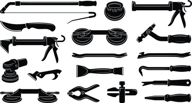 Professional Glass Installation and Glazier Tool Silhouette Icon Set Featuring Suction Cup Lifter Caulking Gun Wire Saw Scraper and Clamps Isolated on White