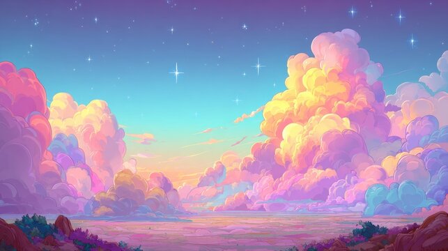 Pastel colored cumulus clouds dominate a vast horizon under a starry twilight sky