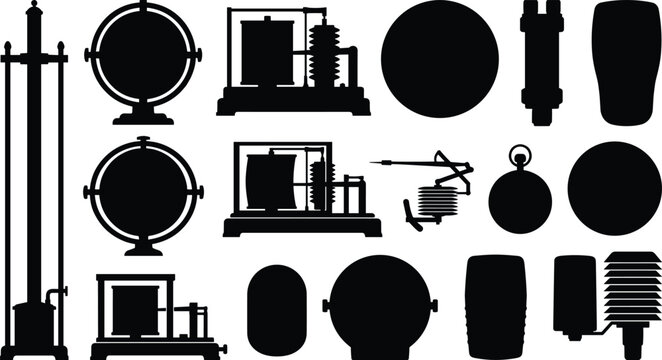 Scientific Meteorology and Pressure Measurement Instrument Silhouette Icon Set Featuring Vintage Barograph Aneroid Barometer and Weather Sensors Isolated on White