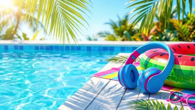 Colorful inflatable headphones and watermelon float on poolside deck with sunglasses and towel. Tropical summer vacation accessories arranged by blue swimming pool with palm trees. Leisure and