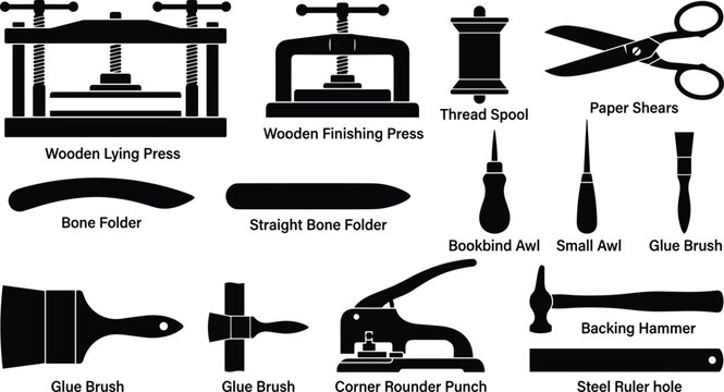 Traditional Bookbinding and Paper Crafting Tool Silhouette Icon Set Featuring Press Bone Folder Shears Awl Glue Brush and Corner Punch Isolated on White
