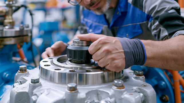 Rotating machinery vibration analyst attaches accelerometer to gearbox housing on industrial pump skid, close-up hands pressing magnetic base sensor, condition monitoring predictive maintenance engi