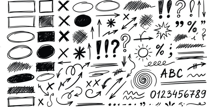 Collection of hand drawn doodle elements comprising arrows frames shapes and math signs for creative notes.