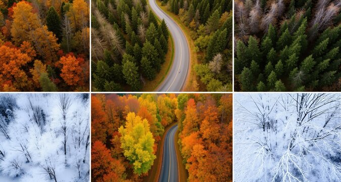 Winding road in the forest. Autumn, summer and winter time colage. Top down aerial view from a drone.
