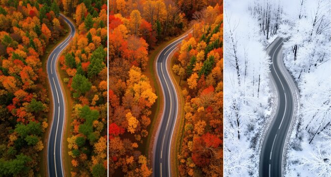Winding road in the forest. Autumn, summer and winter time colage. Top down aerial view from a drone.
