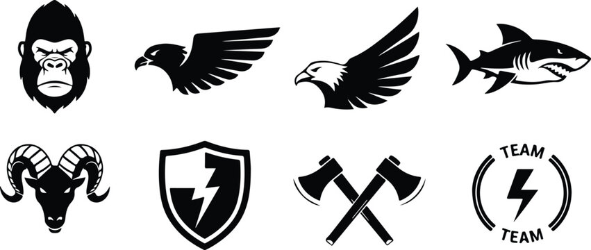 Set of eight black and white animal and symbol icons featuring gorilla head ram horns eagle wings shark axe crossed shields team logo designs