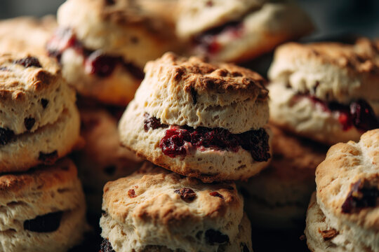Rustic Berry Scones - A mound of golden, freshly baked pastries showcases flaky, textured crusts filled with a rich, dark red fruit jam under a selective, shallow depth-of-field focus