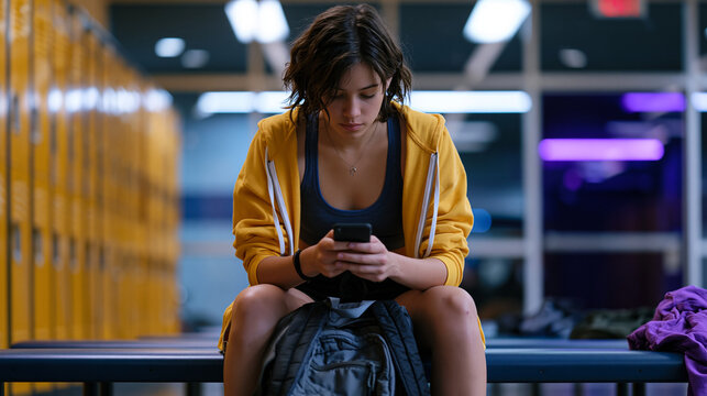 Teenage girl alone in a high school locker room sitting on a bench with her backpack between her feet, staring at a text message, shoulders curved inward, fluorescent light harsh overhead, the invis
