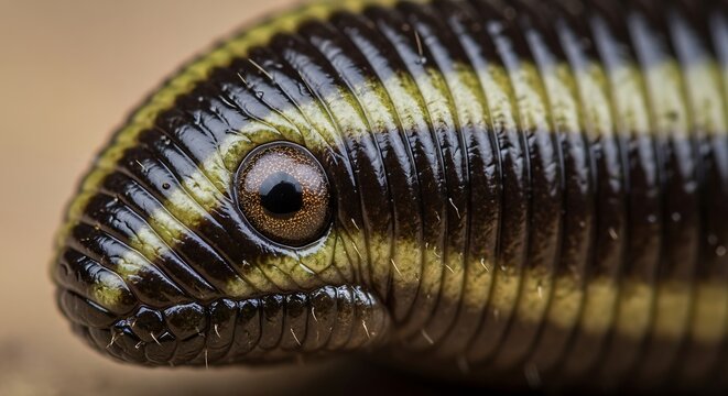 Macro close-up of a caecilian, a legless amphibian, with detailed eye