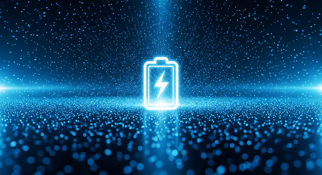 Glowing blue battery icon with a prominent lightning bolt for energy and charging status
