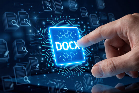 Primer plano de mano apuntando a un icono digital de DOCX iluminado en un circuito integrado. Concepto de procesamiento de textos, gesti&oacute;n documental y automatizaci&oacute;n de archivos de oficina.