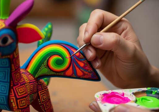 Artist painting detailed pattern on colorful alebrije sculpture with fine brush. Skilled artisan decorating mexican folk art craft. Traditional culture creativity and hobby concept.