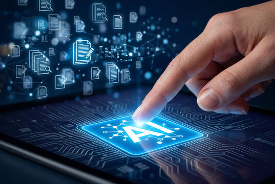 Vista en perspectiva de una mano seleccionando un icono luminoso de IA en una pantalla digital con un circuito integrado y archivos flotantes. Concepto de gesti&oacute;n documental con inteligencia artificia