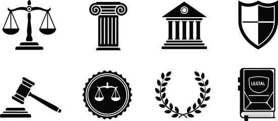 Naklejka premium Set of black and white icons representing legal justice and law symbols isolated on transparent background