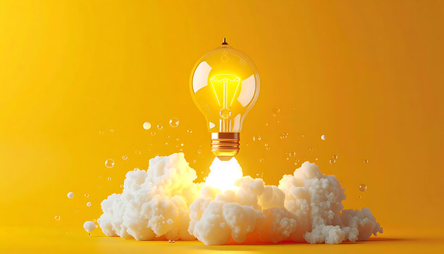 Lit light bulb launching like a rocket with pixelated smoke against a bright yellow background, symbolizing new ideas and innovation
