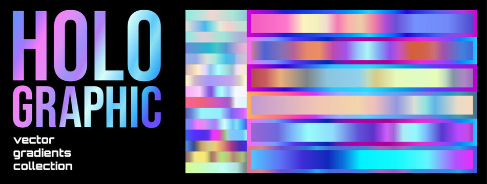 Collection of holographic gradient swatches with neon, rainbow and iridescent effects. Futuristic color palette for branding, graphic design, digital backgrounds, UI, posters and creative projects.
