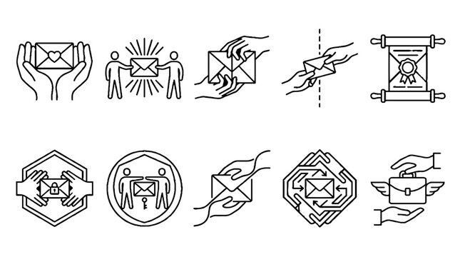 Set of black and white line icons representing mail delivery and communication concepts.