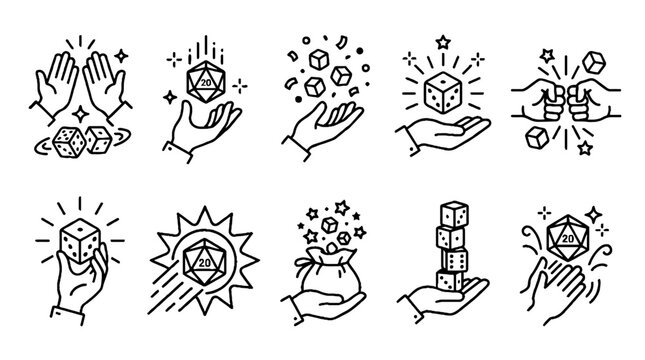 Set of black and white line art icons featuring hands rolling and holding gaming dice.
